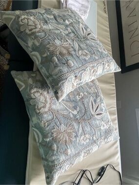 Pottery Barn Light Blue and Beige Embroidered Floral Accent Pillows